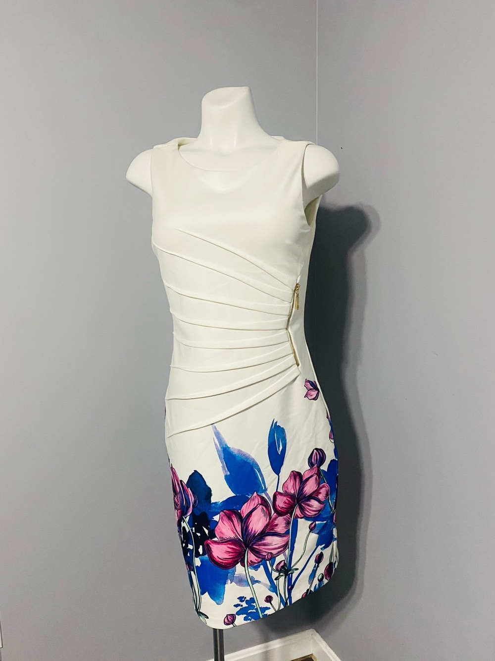 Ivanka Trump White Sheath Dress with Pink and Blue Floral Hem